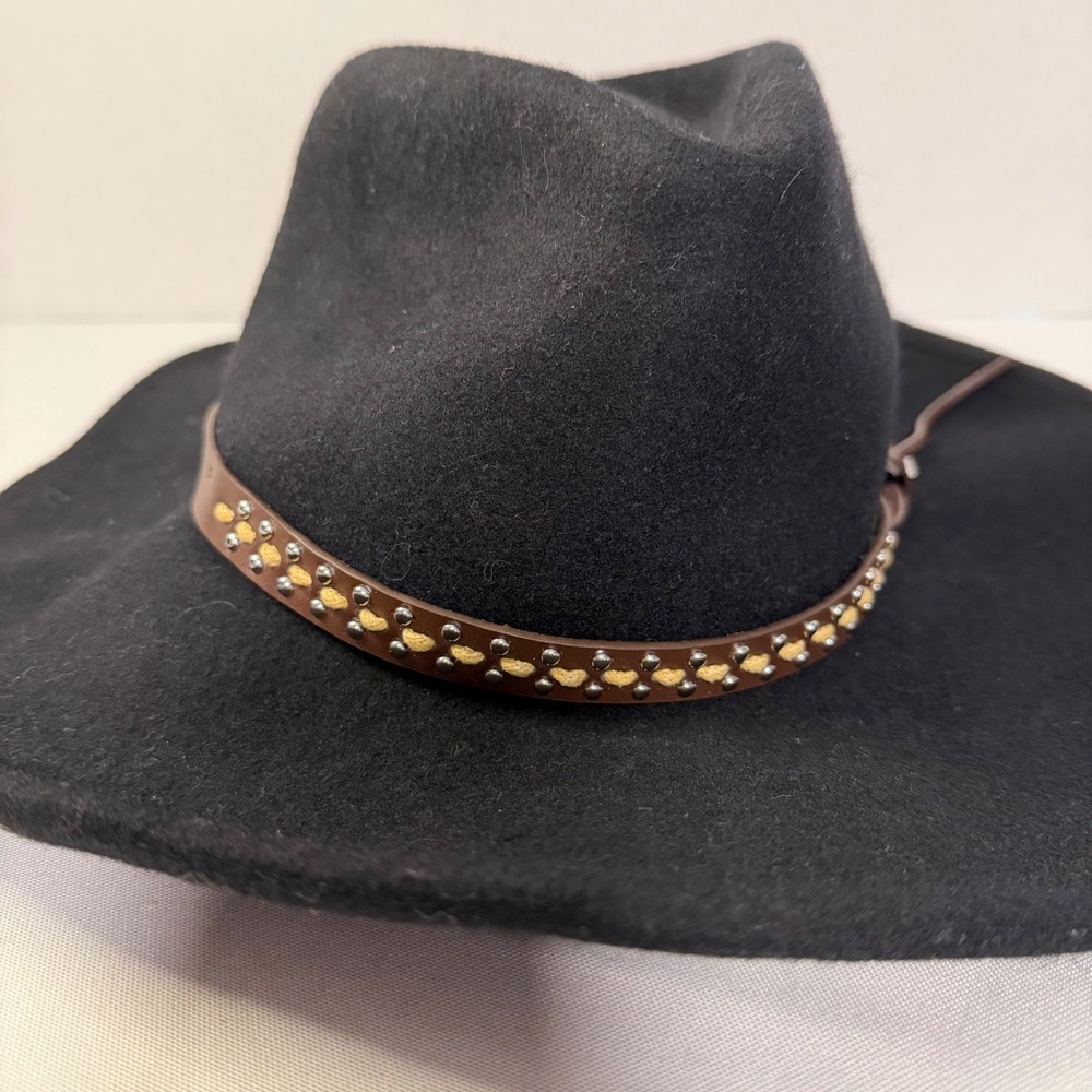 House of Harlow 1960 Black Wool Fedora Hat Brown Studded Leather Band Wide Brim
